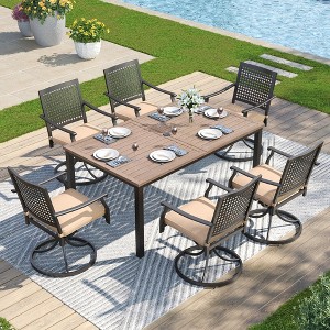 Captiva Designs 7pc Patio Wood-look Steel Dining Table with Umbrella Hole & Stackable Chairs with Bull's Eye Pattern - 1 of 4