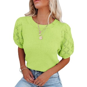 Womens Short Sleeve Lightweight Sweaters Crewneck Knit Pullover Tops with Crochet Sleeve Casual Crochet Blouse Shirt for Spring, Summer - 1 of 4
