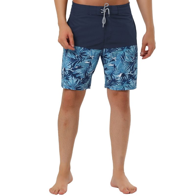 TATT 21 Men's Summer Beach Drawstring Color Block Printed Swim Board Shorts, 1 of 7
