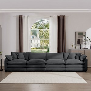 Modern Upholstered 4 Seater Fabric Sofa with Comfortable Back Cushions, Seat Cushions and Pillows, Light Beige Corduroy Sofa , - 1 of 4