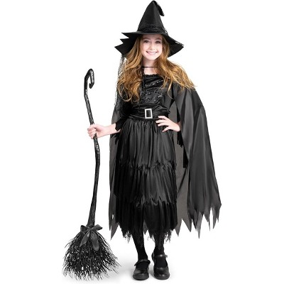 Joyfy Classic Kids Witch Costume, Toddler Gothic Sorceress Black Witch Dress with Broom and Hat for Girls Halloween Themed Parties