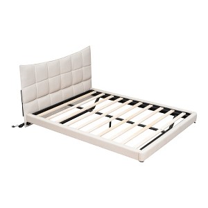 HomeRoots Beige Tufted Upholstered Full Bed Frame With LED Lighting And USB - 1 of 4