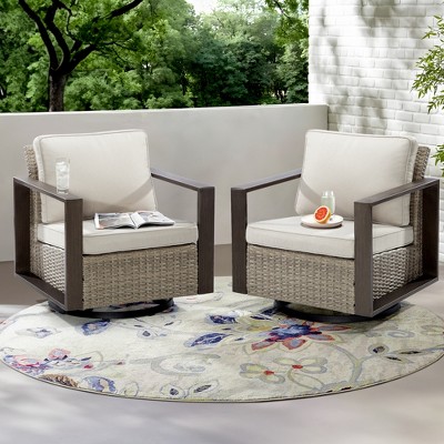 Beige Wicker and Steel Swivel Outdoor Lounge Chairs, Set of 2
