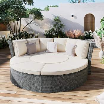 5-piece PE Wicker Round Patio Sectional Sofa, Sunbed Daybed with Round Liftable Table and Washable Cushions - Maison Boucle