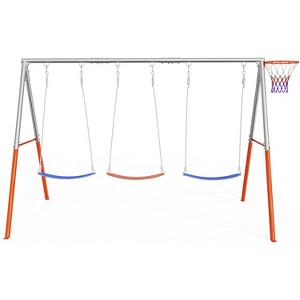 JOYMOR Kids 3-12 Metal Outdoor Swing Set with Basketball Hoop & 3 Seats DIY Adjustable 500lb Capacity - 1 of 4