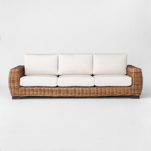 Eldridge Wicker Patio Sofa With Sunbrella Cushions Brown White