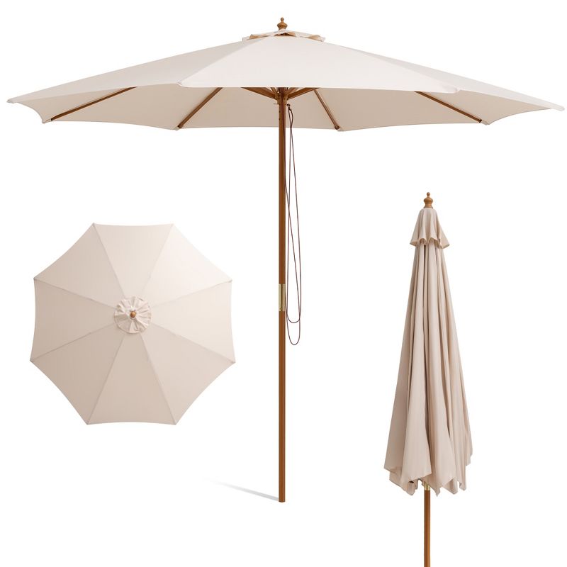 10FT Patio Wooden Market Table Umbrella Pulley w/8 Bamboo Ribs Sunshade Canopy, 1 of 11