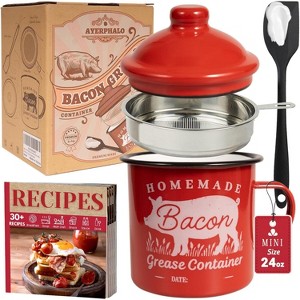 Bacon Grease Container with Strainer and Silicone Spatula, 24oz Enamel Fat Container, Dishwasher Safe - 1 of 4