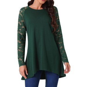 Seta T Women's Lace Sleeve High Low Hem Crewneck Blouse - 1 of 4