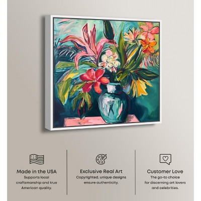 Bright Tropical Flowers on Canvas with White Frame, 31" x 31"