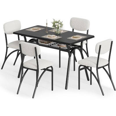 Modern 5-Piece Dining Set, Black Rectangular Table with Storage Shelf & 4 Beige Velvet Chairs, Scratch-Resistant Surface, Space-Saving Design