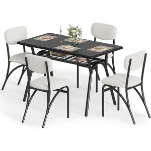 Modern 5-Piece Dining Set, Black Rectangular Table with Storage Shelf & 4 Beige Velvet Chairs, Scratch-Resistant Surface, Space-Saving Design - 1 of 4