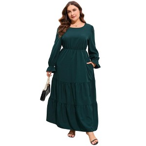 KOJOOIN Women's Plus Size Boho Maxi Dress - Long Sleeve, Empire Waist, Pockets, Flowy Hem (Sizes 1X-5X)