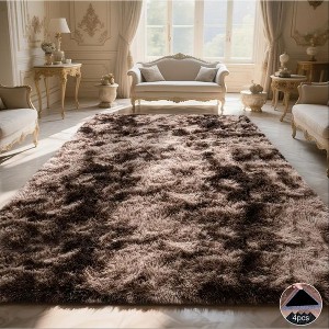 Brown Tie-Dye Shag Rug, Soft Plush Carpet with 4 Non-Slip Pads, Multiple Sizes for Bedroom or Living Room - 1 of 4