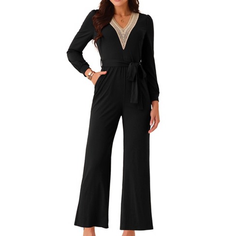 Seta T Women s Long Sleeve V Neck Belted Stretchy Wide Leg Long Pant Romper with Pockets Black Small