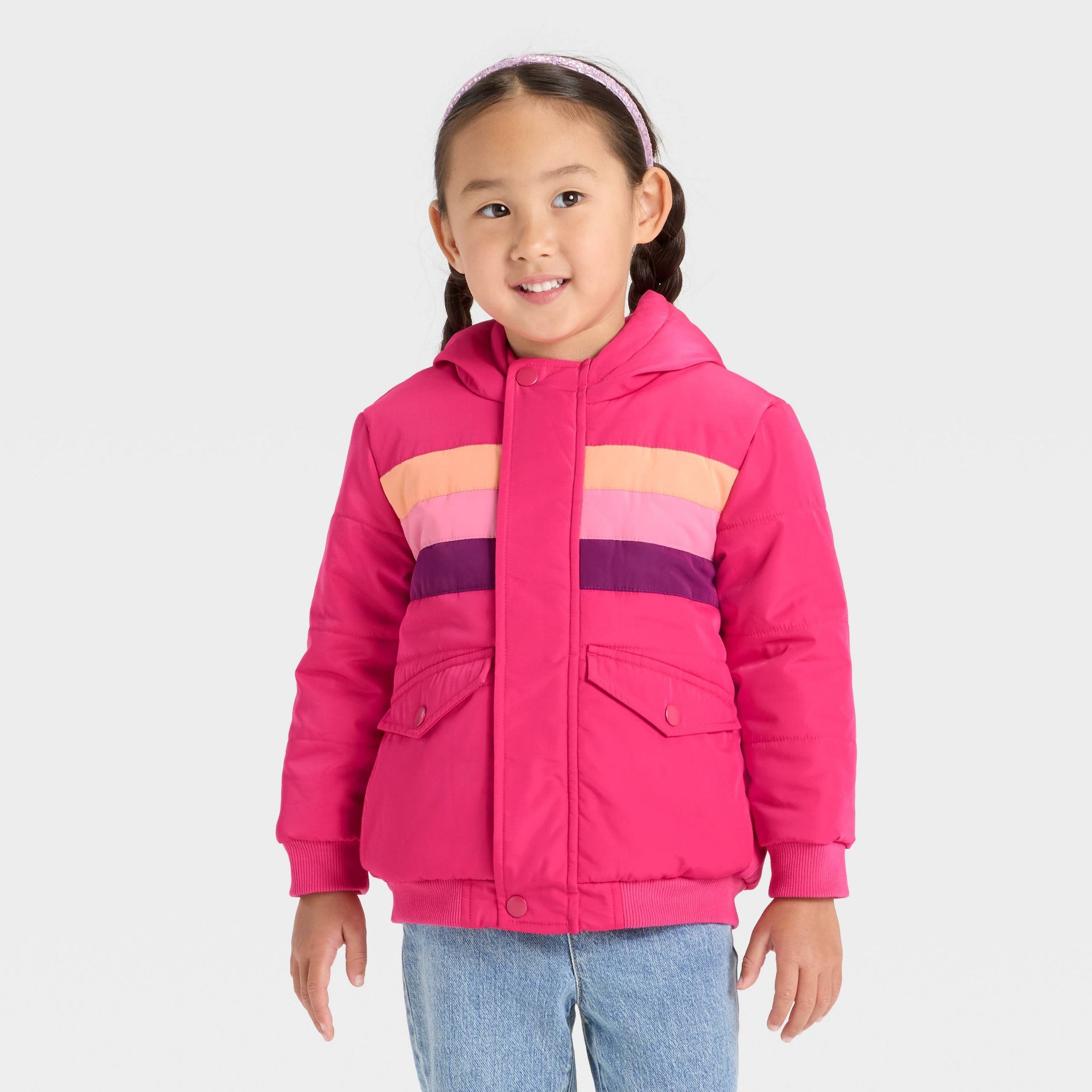 Toddler Girls' Striped Heavyweight Puffer Jacket - Cat & Jack™ Pink