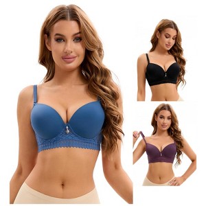 INSPIRE CHIC 3 Pcs Women's Lace Trim Underwire Adjustable Straps Plus Cup Size Push Up Bras - 1 of 4