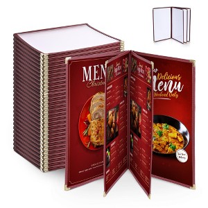 WeChef 30pcs 8.5x14" Restaurant Menu Cover 4 Page 8 View Double Stitch Transparent Cafe Bar Burgundy Red - 1 of 4