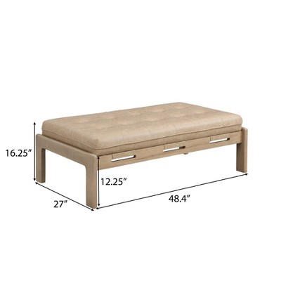 Taupe Brown Faux Leather Tufted Cocktail Ottoman with Rubberwood Base