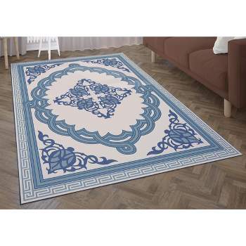 Deerlux Transitional Living Room Area Rug with Nonslip Backing, Blue Medallion Pattern