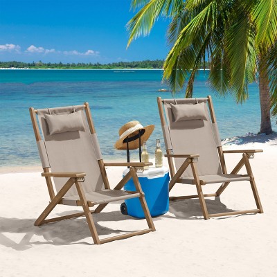 Taupe Eucalyptus Wood Folding Beach Chairs with Arms, Set of 2