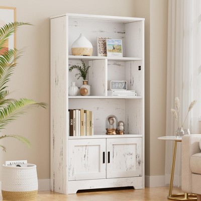3-Tier Bookshelf with LED Lights - 57.8'' Tall Wooden Bookcase Display Racks Open Storage Shelf, Unique Book Rack,White