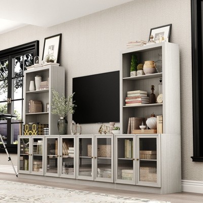 FUFU&GAGA Large Entertainment Center Tempered Glass Door Storage Cabinet Modular TV Console Gray