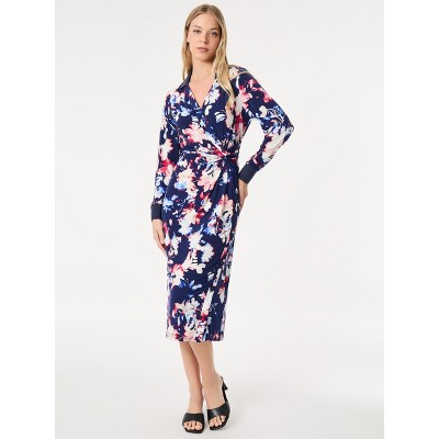 Jones New York Floral Collared Twist Wrap Midi Dress - L