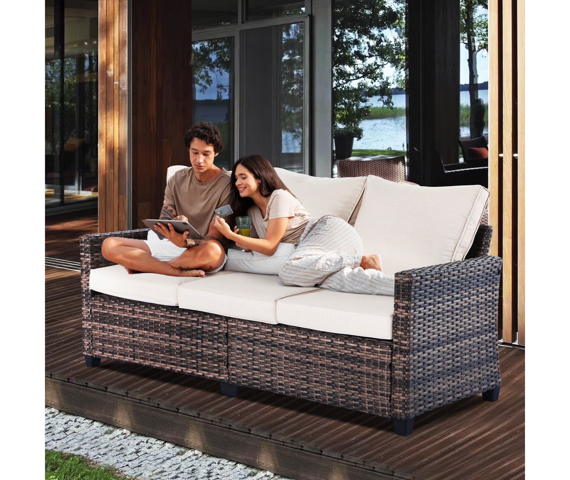 Yardgrace 3-Seat Plush Cushioned All-Weather Outdoor Wicker Sofa