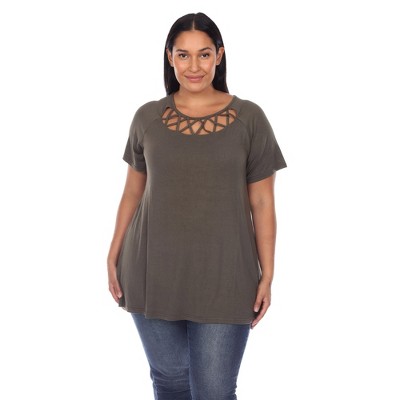 Plus Size Crisscross Neck Short Sleeve Top Olive 1x - White Mark : Target