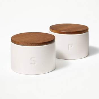 Set of 2 Stoneware Salt and Pepper Cellar with Wood Lid Cream - Figmint™