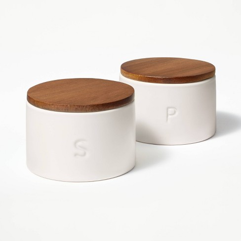 Set Of 2 Stoneware Salt And Pepper Cellar With Wood Lid Cream - Figmint™ :  Target
