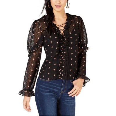 Leyden Womens Floral Print Lace-Up Sheer Pullover Blouse