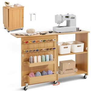 Folding Sewing Table with Storage Shelves, Trays, Pegs, Wheels, and Magnetic Doors, Compact Craft Desk for Home - 1 of 4