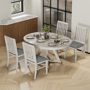 VECELO 5-Piece Round Extendable Dining Table Set, Rubber Wood Table with 4 Armless Upholstered Dining Chairs for Kitchen, Gray - 1 of 4