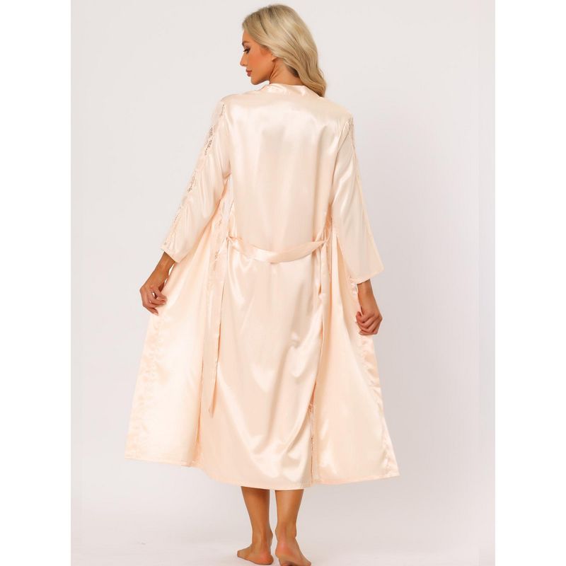 cheibear Women Satin Nightwear Robe and Nightgown Sets Lace Long Sleeve Bridesmaid Wedding Bride Bathrobe, 3 of 6
