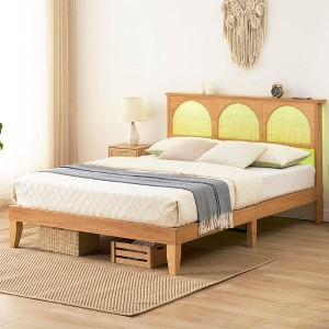 Wood Bed Frame with Natural Rattan Headboard, Boho Platform Bed with LED Lights, No Box Spring Needed, Strong Wooden Slats, Easy Assembly - 1 of 4
