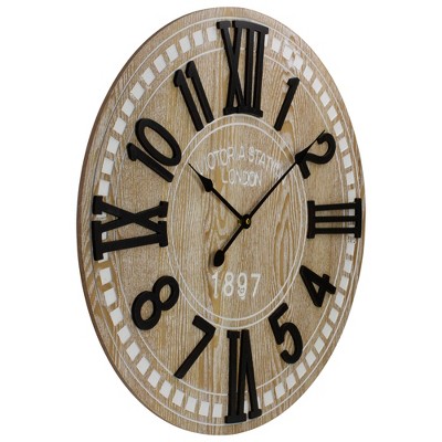 24" Black and Whitewash Wood Round Wall Clock with Roman Numerals