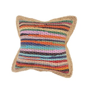 HomeRoots Set of Two 20" Blue Red And Natural Striped Cotton And Jute Throw Pillows - 1 of 4