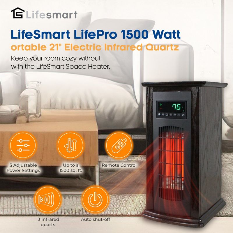 LifeSmart HT1029 1500 Watt Portable 21 Inch Electric Infrared Quartz Tower Space Heater for Indoor Use with 3 Heating Elements and 2 Remotes, Black, 3 of 7