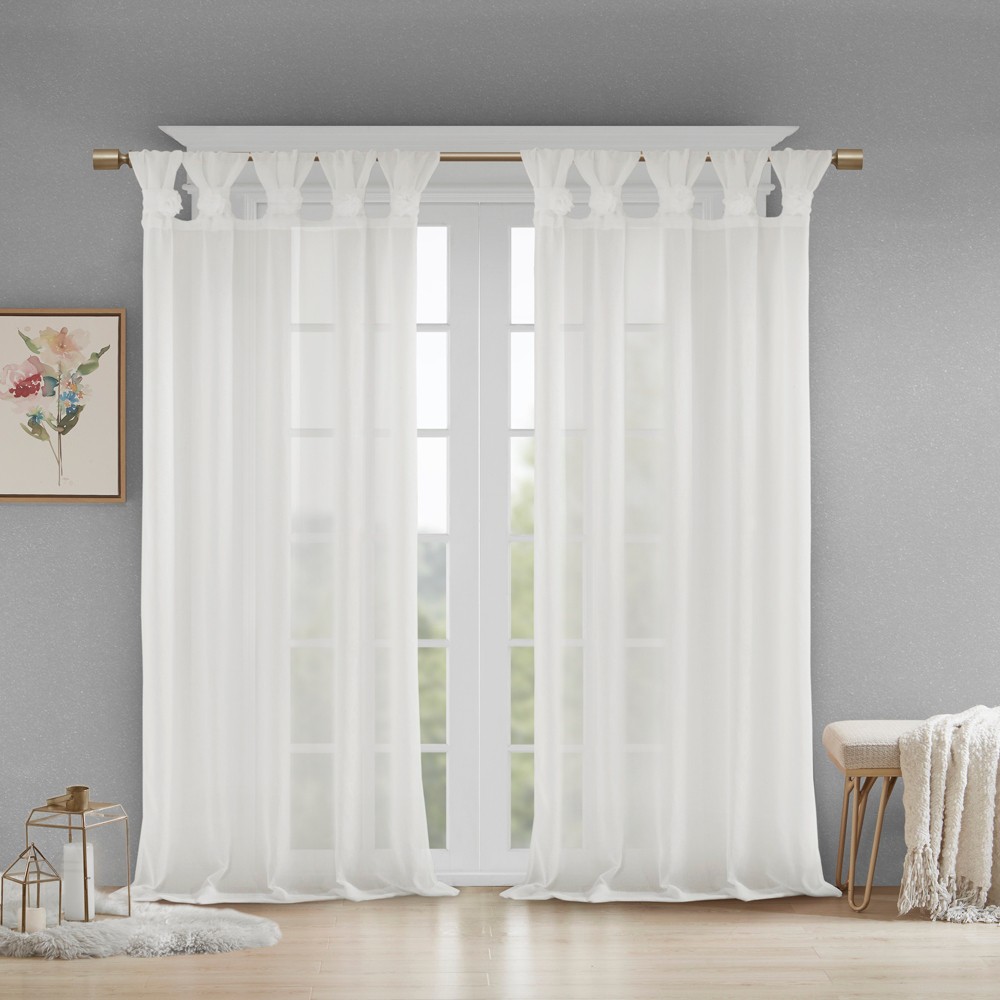 Photos - Curtain Rod / Track 84"x50" Bloom Tab Top Floral Cuff Solid Sheer Panel White: Madison Park Curtain Panels, Faux Linen, Machine Washable
