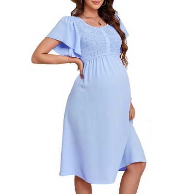 Women's Maternity Square Neck Smocked Dress Summer Short Sleeve Casual Flowy Midi Dress Photoshoot Baby Shower
