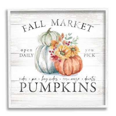 Stupell Industries Fall Market Pumpkins Rustic Country Sign Autumn Florals Black Framed Giclee Art
