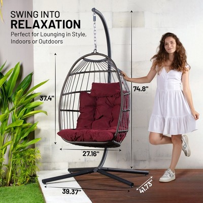 Outdoor Red Wicker Hanging Egg Chair with Cushions