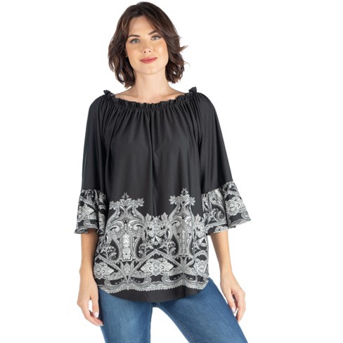 24seven Comfort Apparel Black Flare Sleeve Elastic Neckline Tunic  Tops-Multi-S