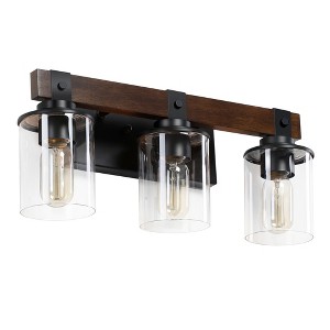 DAKAFUL Industrial Bathroom Vanity Light,Vanity Fixture with Walnut Pole &Clear Glass Shade,3/4/5-Light Wall light for Mirror, Bathroom, Bathtub Area - 1 of 4