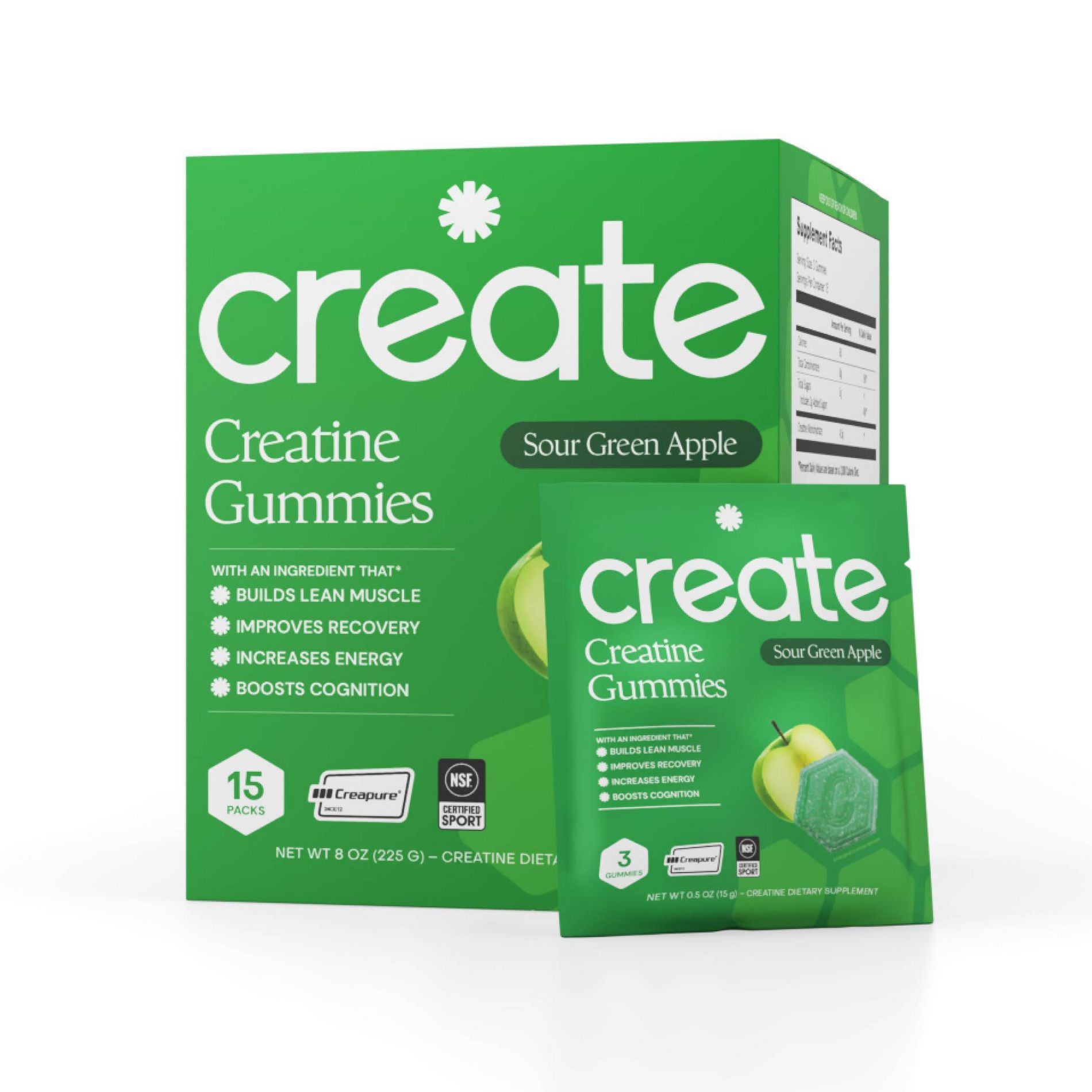 Create Wellness Gummies Made with Pure Creatine Monohydrate NSF Certified for Sport - Sour Green Apple - 45ct/15 Servings
