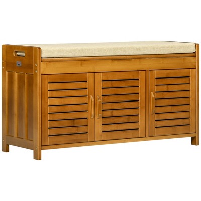 Brown Bamboo Entryway Shoe Bench with Linen Cushion and Storage