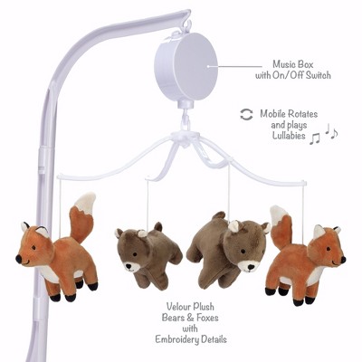 Rust and Brown Velour Fox and Bear Musical Crib Mobile