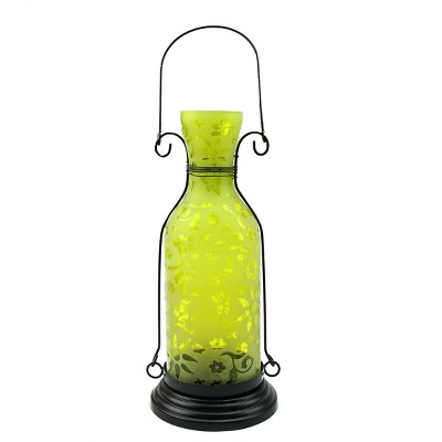 Northlight 12" Transparent Yellow Decorative Glass Bottle Tea Light Candle Lantern with Flower Etching